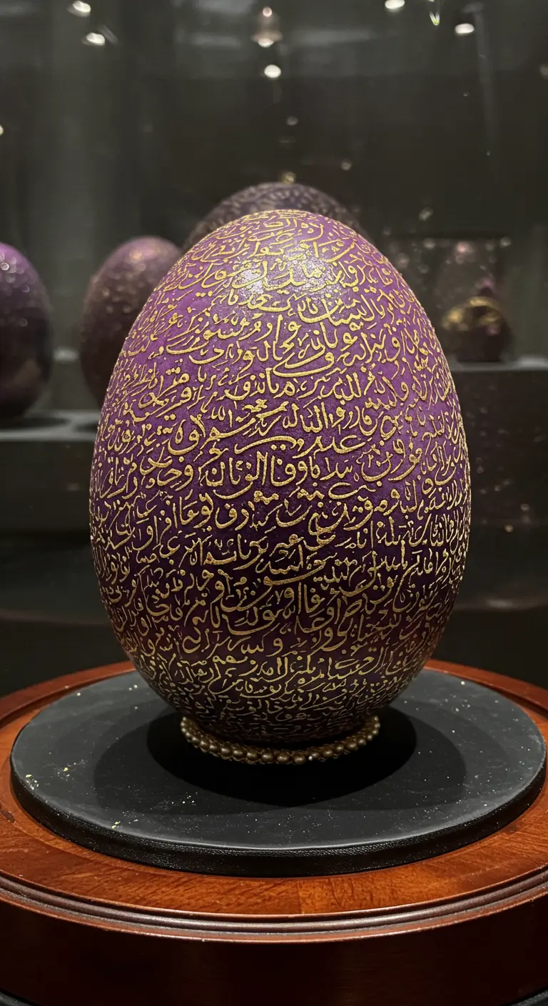 Lila Ei-Torte, vollständig mit filigraner goldener Kalligrafie bedeckt