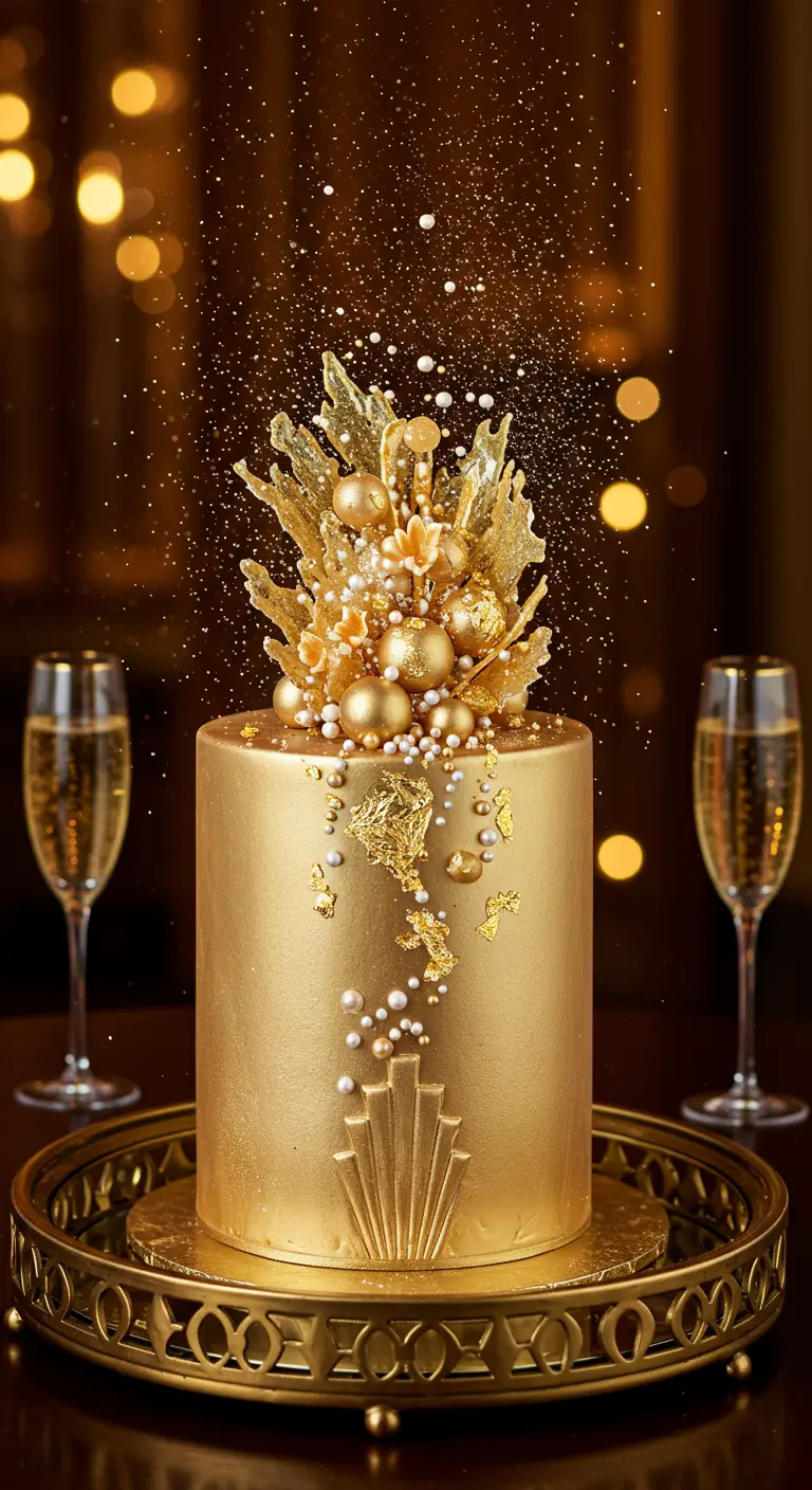 Goldene zylindrische Torte mit Art-Déco-Mustern und explodierendem Topper aus goldenen Kugeln und Splittern.
