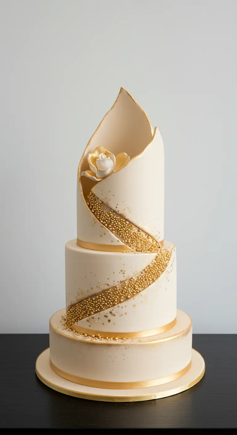 Dreistöckige cremeweiße Torte mit spiralförmig angeordneten goldenen Perlen und einer Zuckerrose.