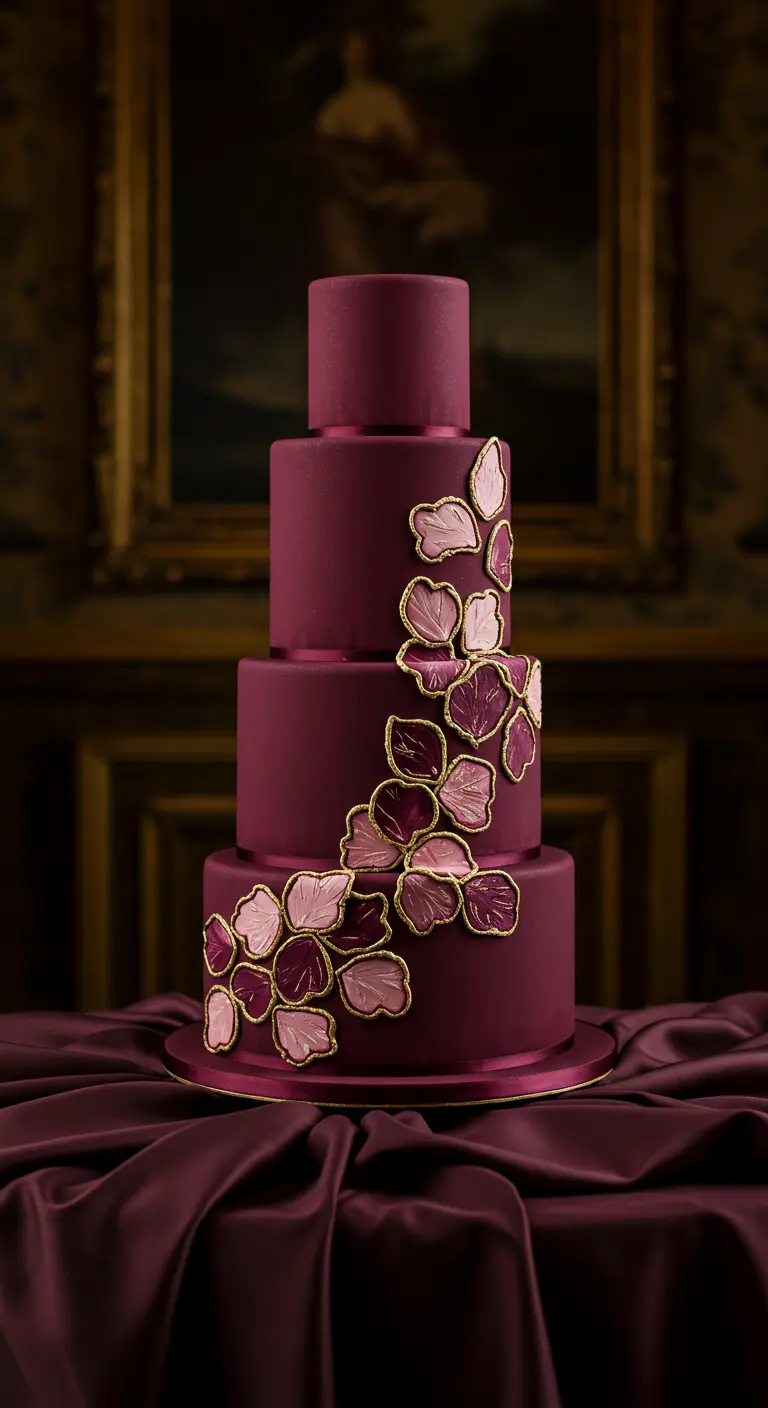 Bordeauxrote Hochzeitstorte mit kaskadierenden Blütenblättern mit goldenem Rand.