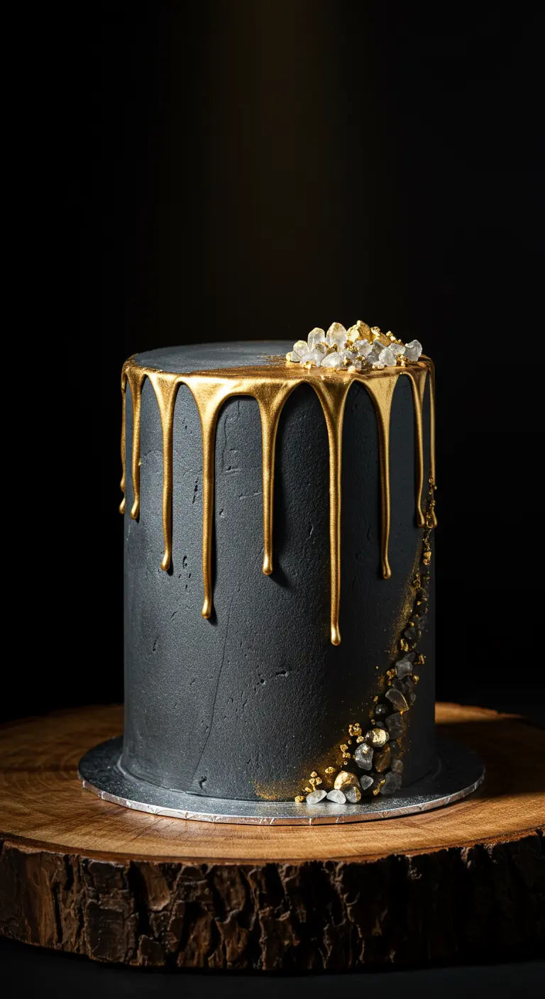 Schwarze Torte mit goldenem Drip-Effekt und einer Kaskade aus klaren und goldenen Kristallen.