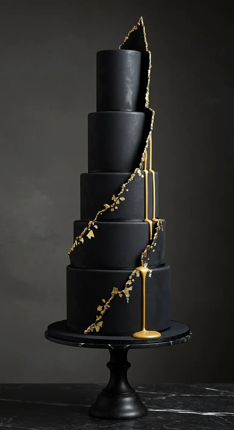 Hohe, mattschwarze Hochzeitstorte mit goldenem Drip und Blattgold-Details.