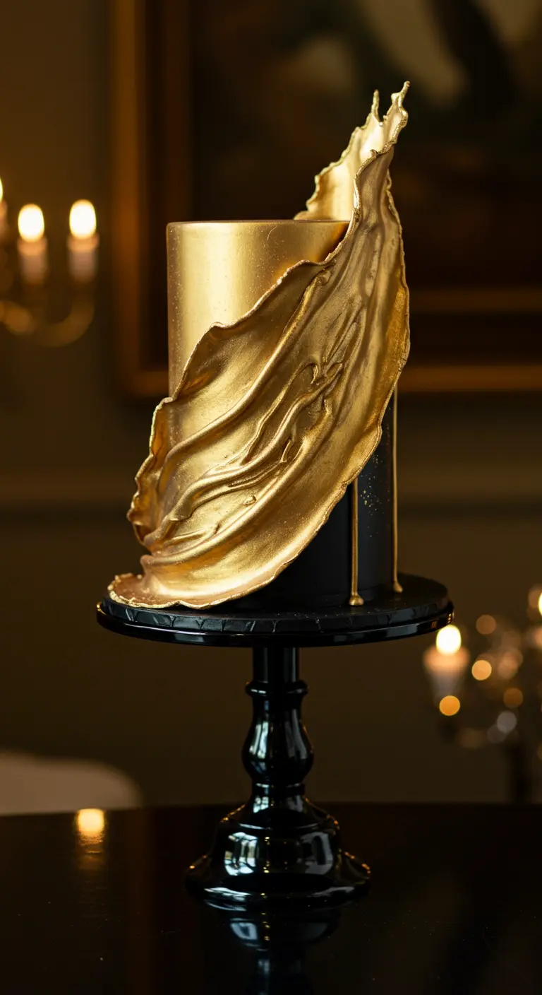 Schwarze Torte mit einem großen, dramatischen goldenen Wellen-Akzent.
