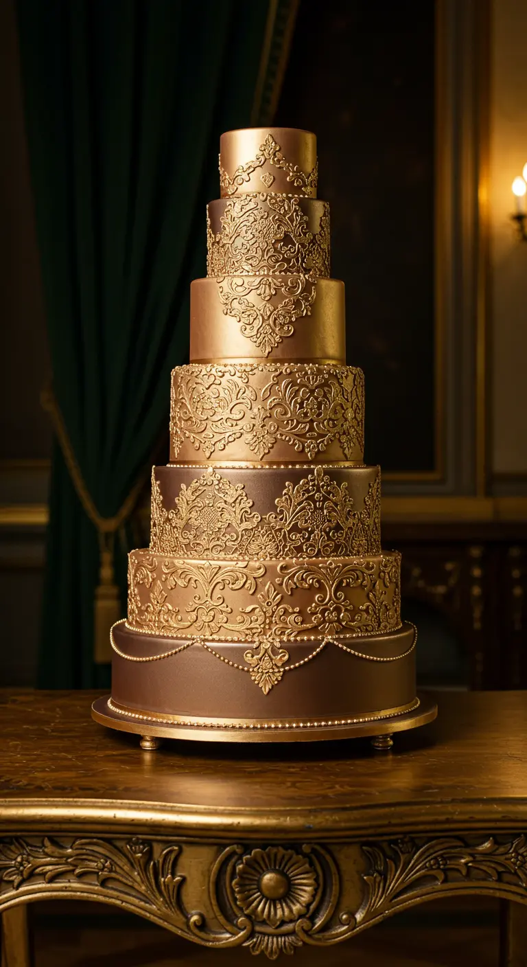 Prunkvolle, fünfstöckige Hochzeitstorte in Gold- und Brauntönen mit barocken Verzierungen.