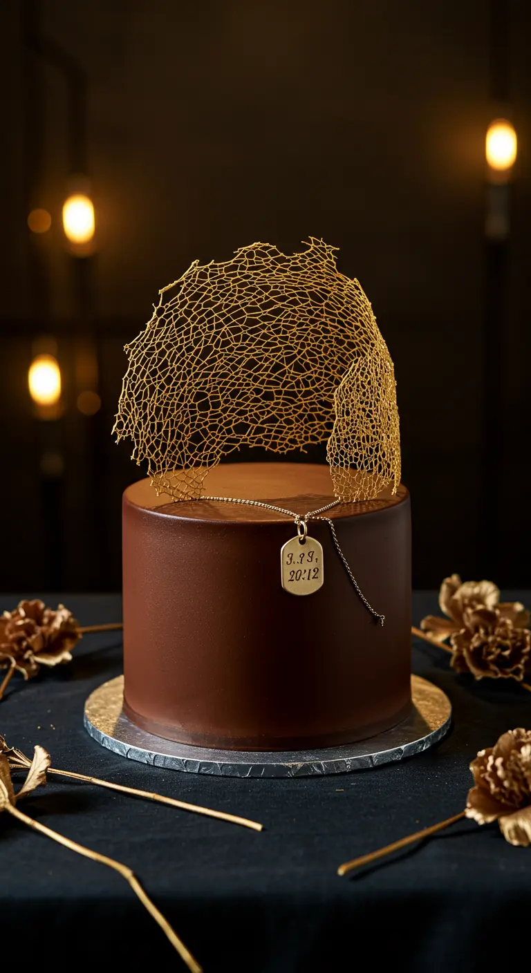Schokotorte mit Gold-Zuckernetz und goldenem Anhänger mit Datum.