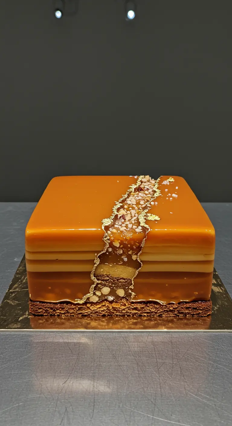 Quadratische, geschichtete Karamelltorte mit goldener Nuss-Fault-Line.