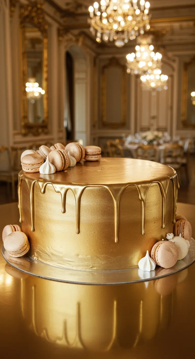 Runde, goldene Torte mit Drip-Effekt, dekoriert mit hellen Macarons und Baisers.