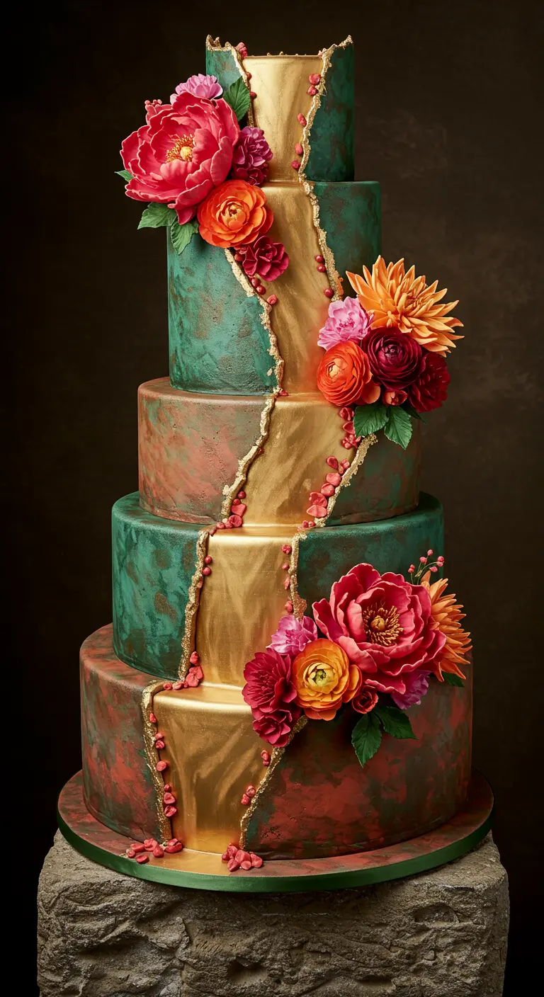 Mehrstöckige Torte in Grün-Rot mit goldener vertikaler Bruchlinie und farbigen Blumen.