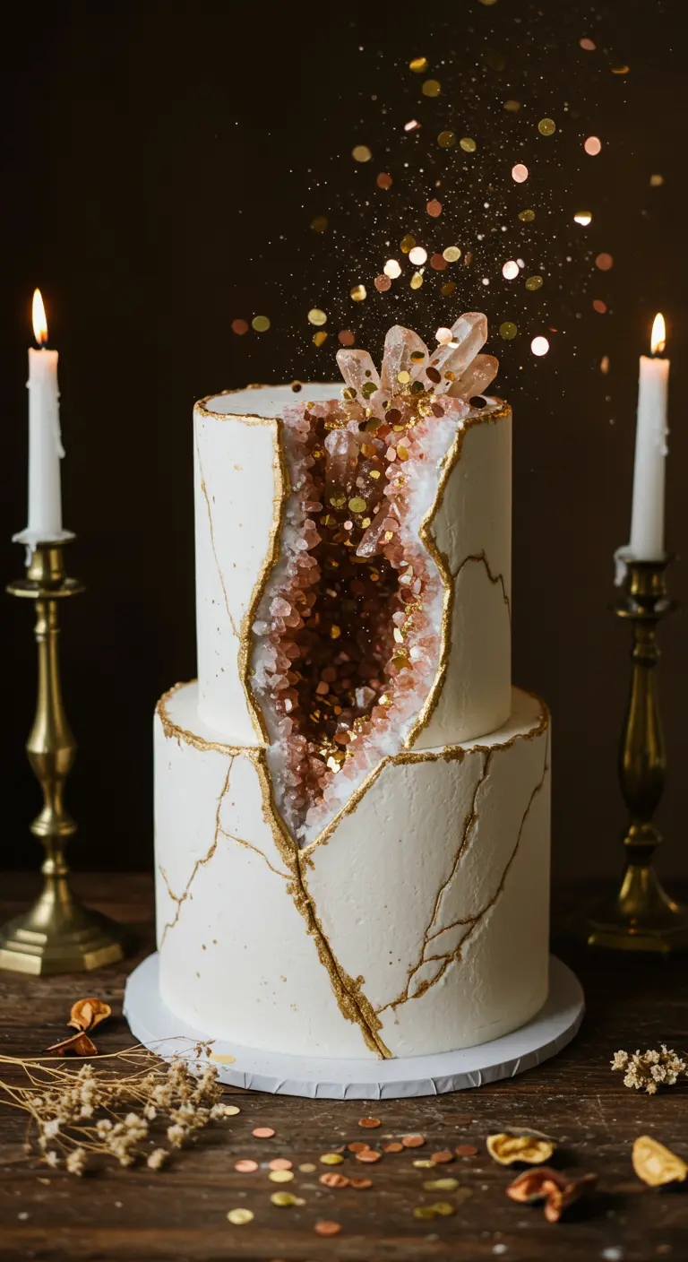 Zweistöckige weiße Hochzeitstorte mit goldenen Rissen und funkelnder Kristall-Geode.