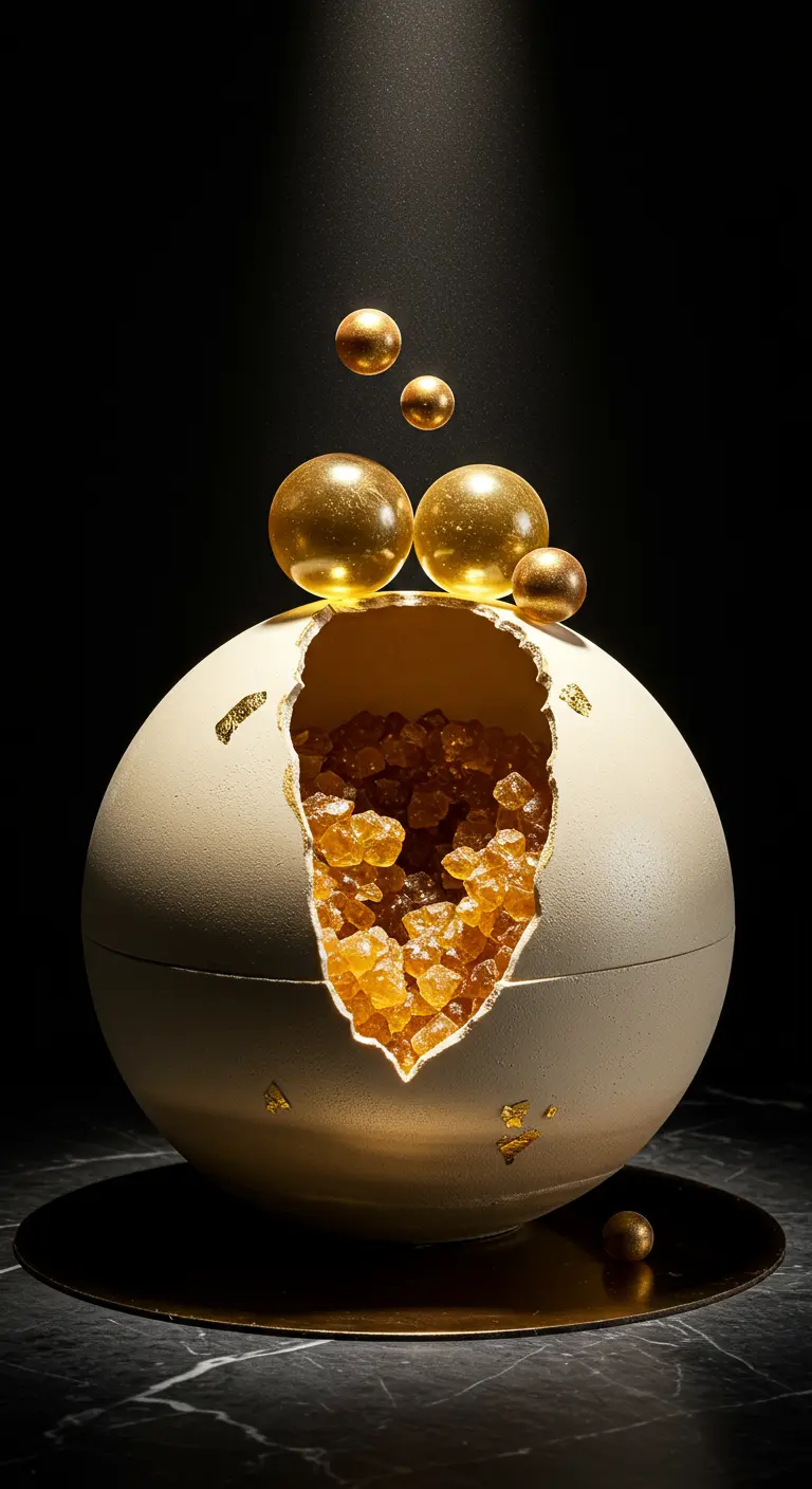 Kugelförmige Hochzeitstorte mit aufgebrochener Sektion, gefüllt mit goldenen Kristallen.