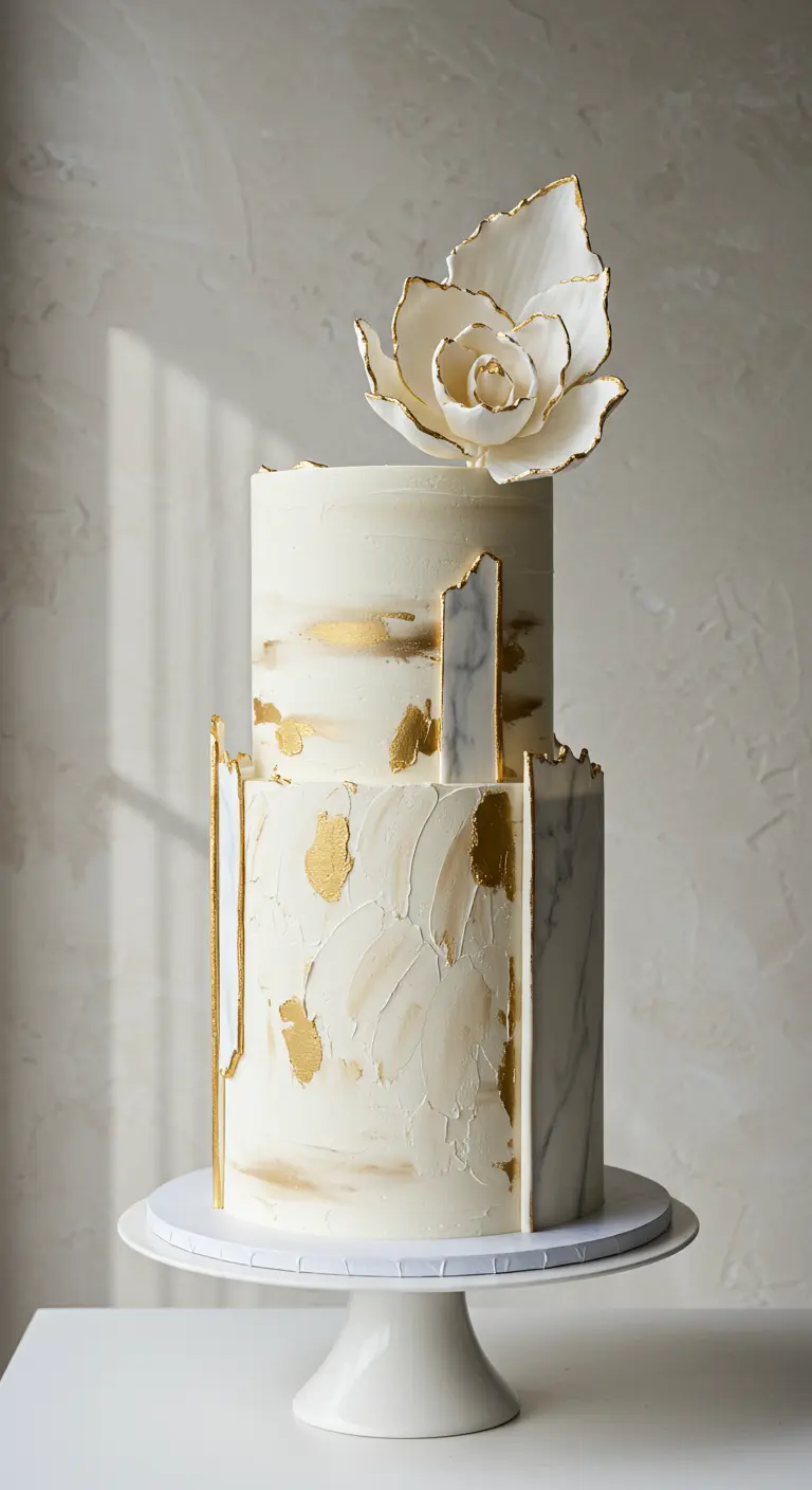 Zweistöckige weiße Torte mit Blattgold, Marmorplatten-Deko und weißer Zuckerblume.