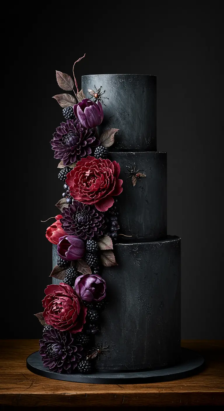 Dunkle, dreistöckige Hochzeitstorte mit dramatischen roten und lila Zuckerblumen.