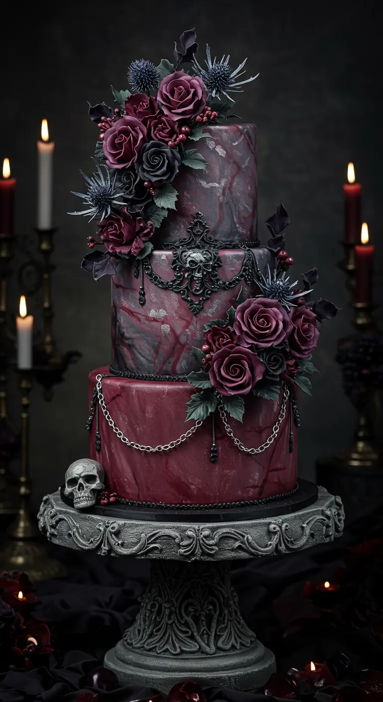 Dunkelrote, marmorierte Hochzeitstorte mit schwarzen Rosen, Disteln, Ketten und Schädel-Ornamenten.