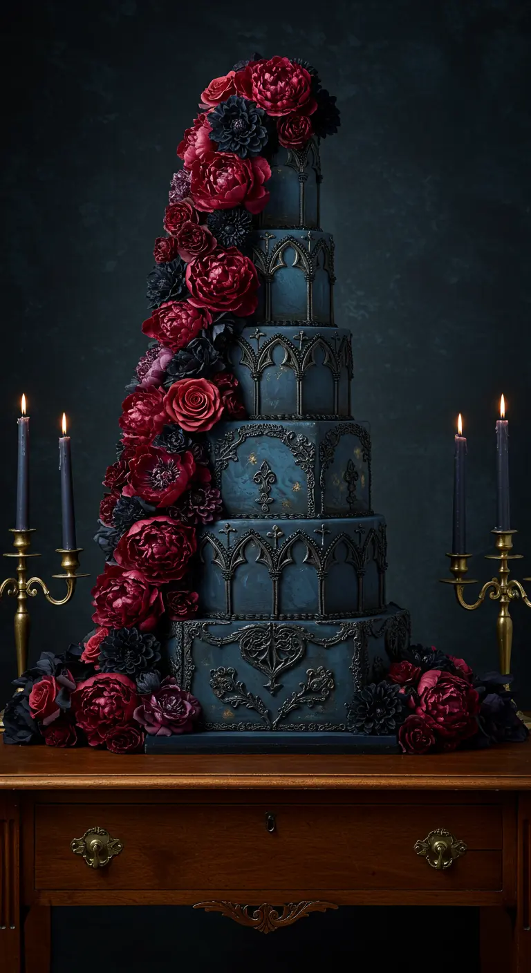 Dunkle, mehrstöckige Torte mit gotischen Ornamenten, goldener Verzierung und roter Blumenkaskade.