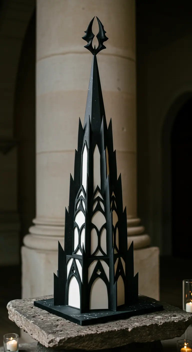 Sehr hohe, schwarze Hochzeitstorte in Form einer gotischen Kathedrale mit weißen Fensterausschnitten.