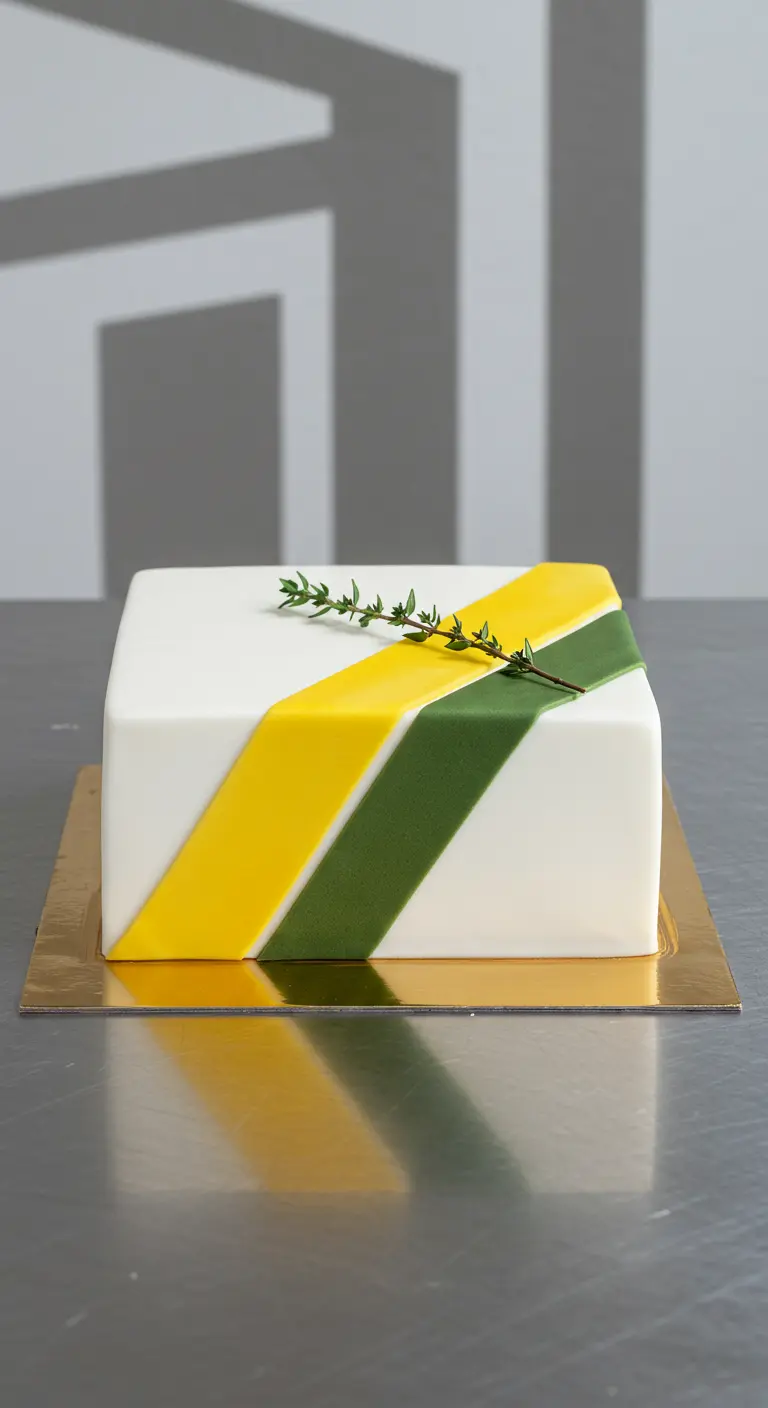 Quadratische weiße Torte mit diagonalen gelben und grünen Streifen und Thymianzweig.