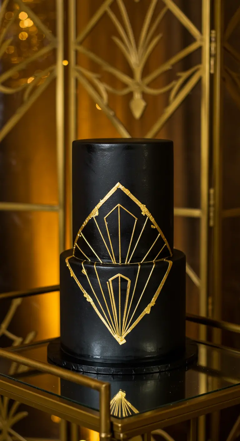 Schwarze, zweistöckige Torte mit einem geometrischen, goldenen Art-Déco-Muster.