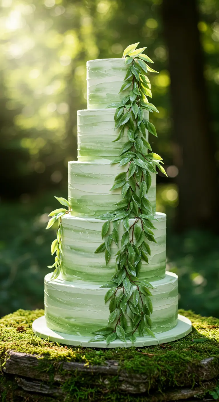 Grüne, mehrstöckige Torte mit Blätterranke, die sich spiralförmig nach oben windet.