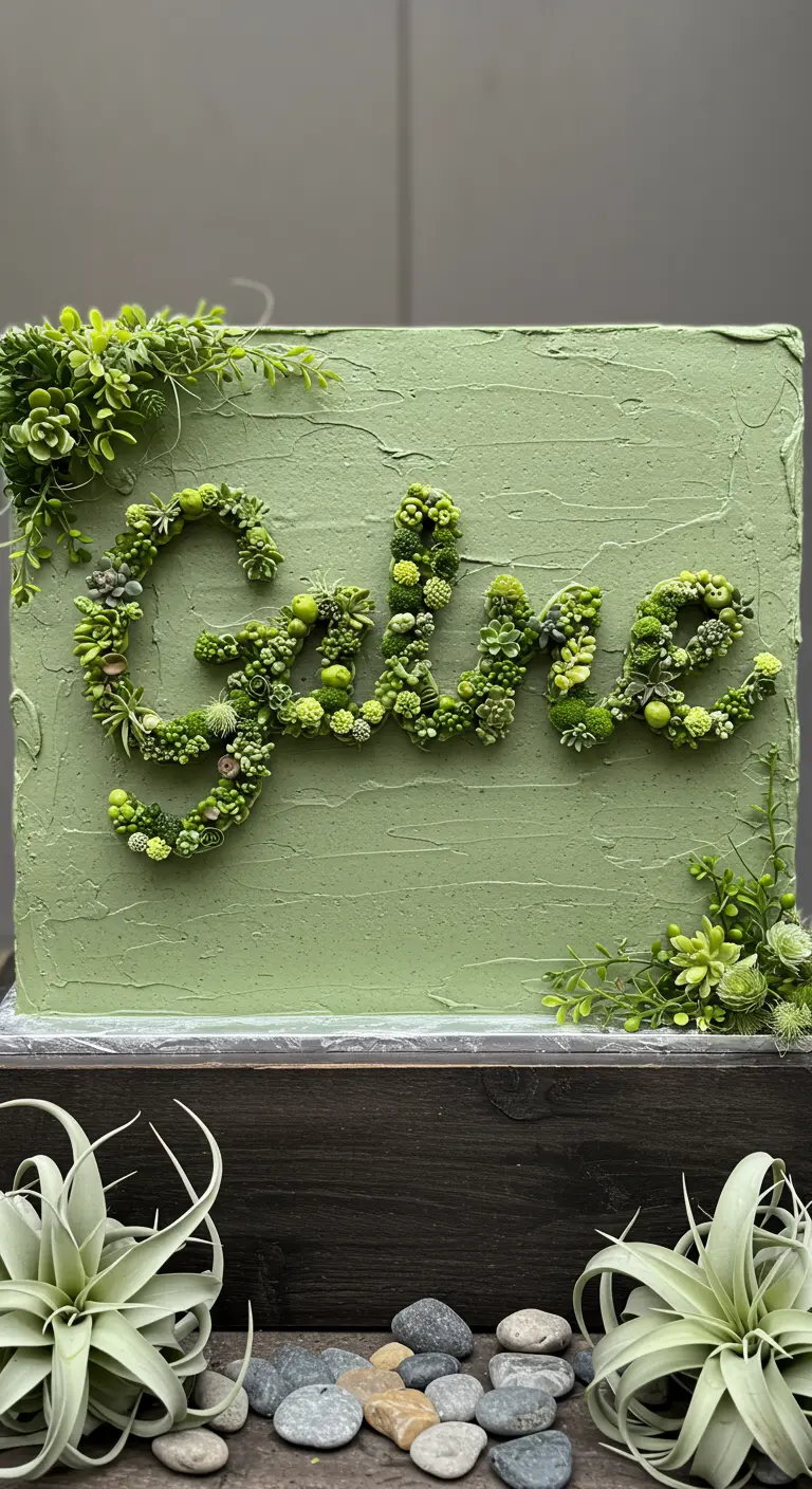 Grüne quadratische Torte mit dem Wort 'Grüne' aus kleinen, essbaren Sukulenten geformt