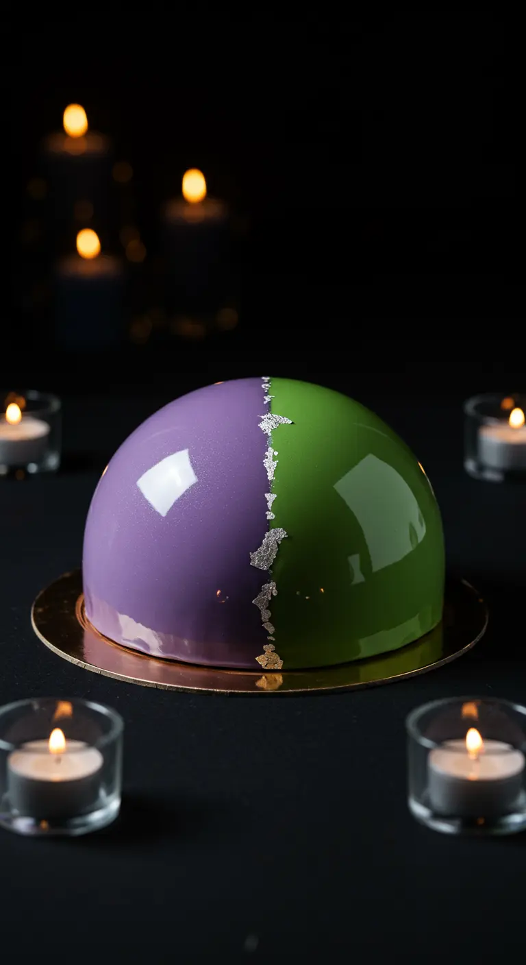 Halbkugelförmige Torte, eine Hälfte glänzend lila, die andere glänzend grün, getrennt durch Blattsilber.