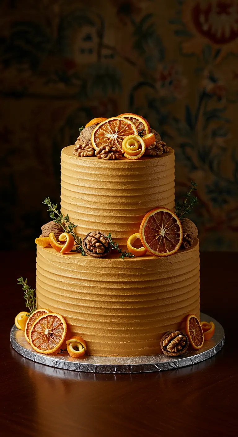 Zweistöckige, karamellfarbene Torte mit getrockneten Orangenscheiben, Walnüssen und Thymian.