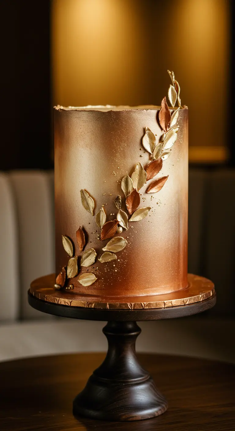Runde Ombre-Torte in Kupfer- und Goldtönen, verziert mit metallisch schimmernden Blättern.