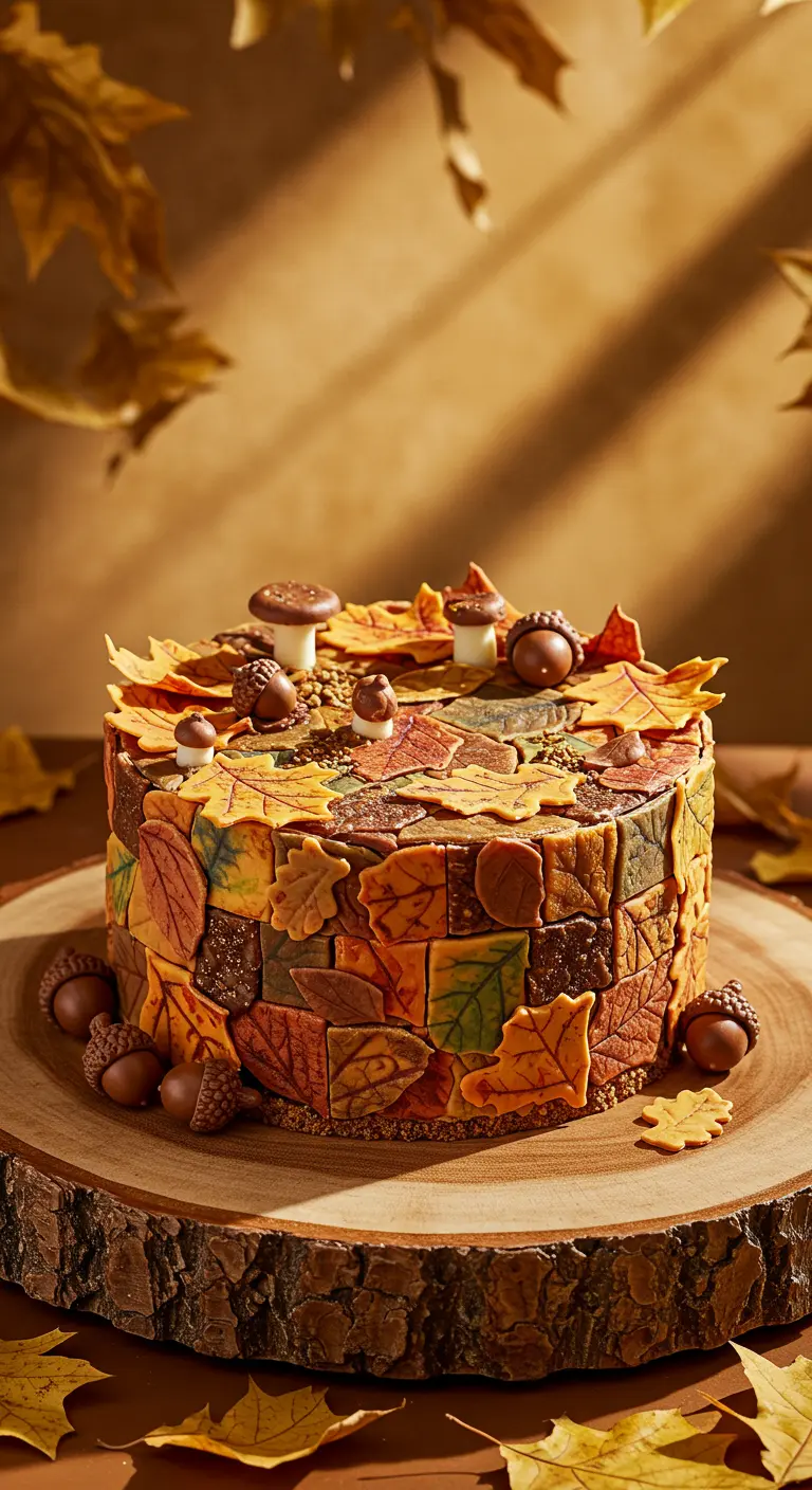 Runde Torte, bedeckt mit bunten Herbstblättern und Eicheln aus Zucker, auf Holzscheibe.