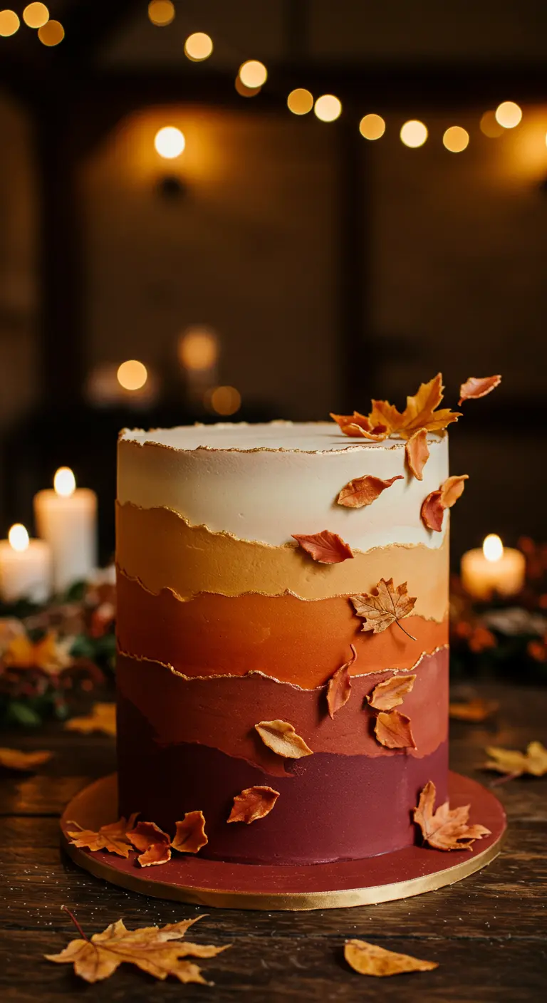 Torte in herbstlichen Ombré-Farben mit Goldrändern und aufgesetzten Herbstblättern.