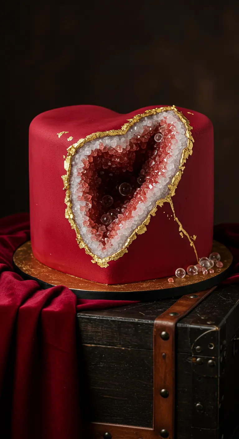 Rote herzförmige Torte mit einer golden umrandeten Geoden-Öffnung, gefüllt mit rosa Kristallen.