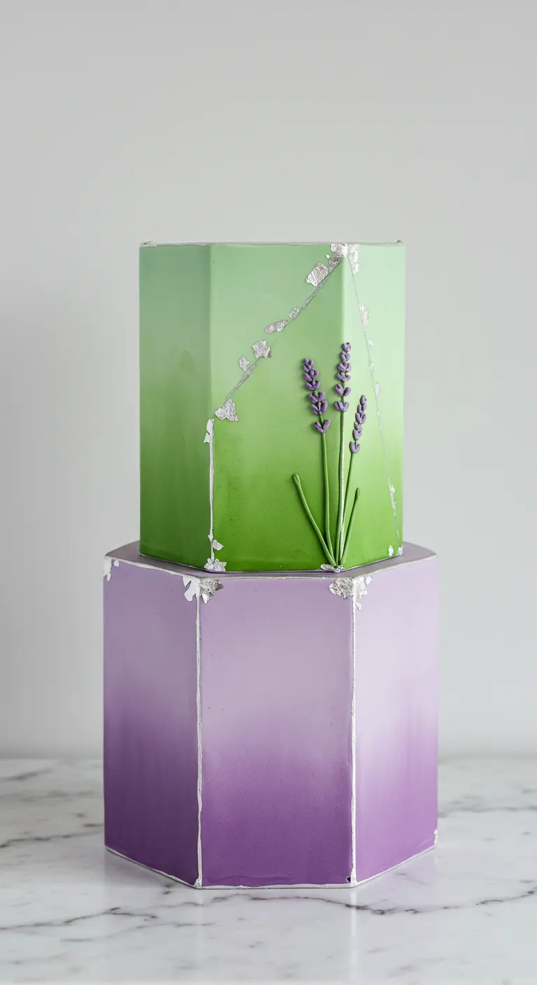 Zweistöckige sechseckige Torte mit grünem und lila Farbverlauf, Silberakzenten und Lavendel.