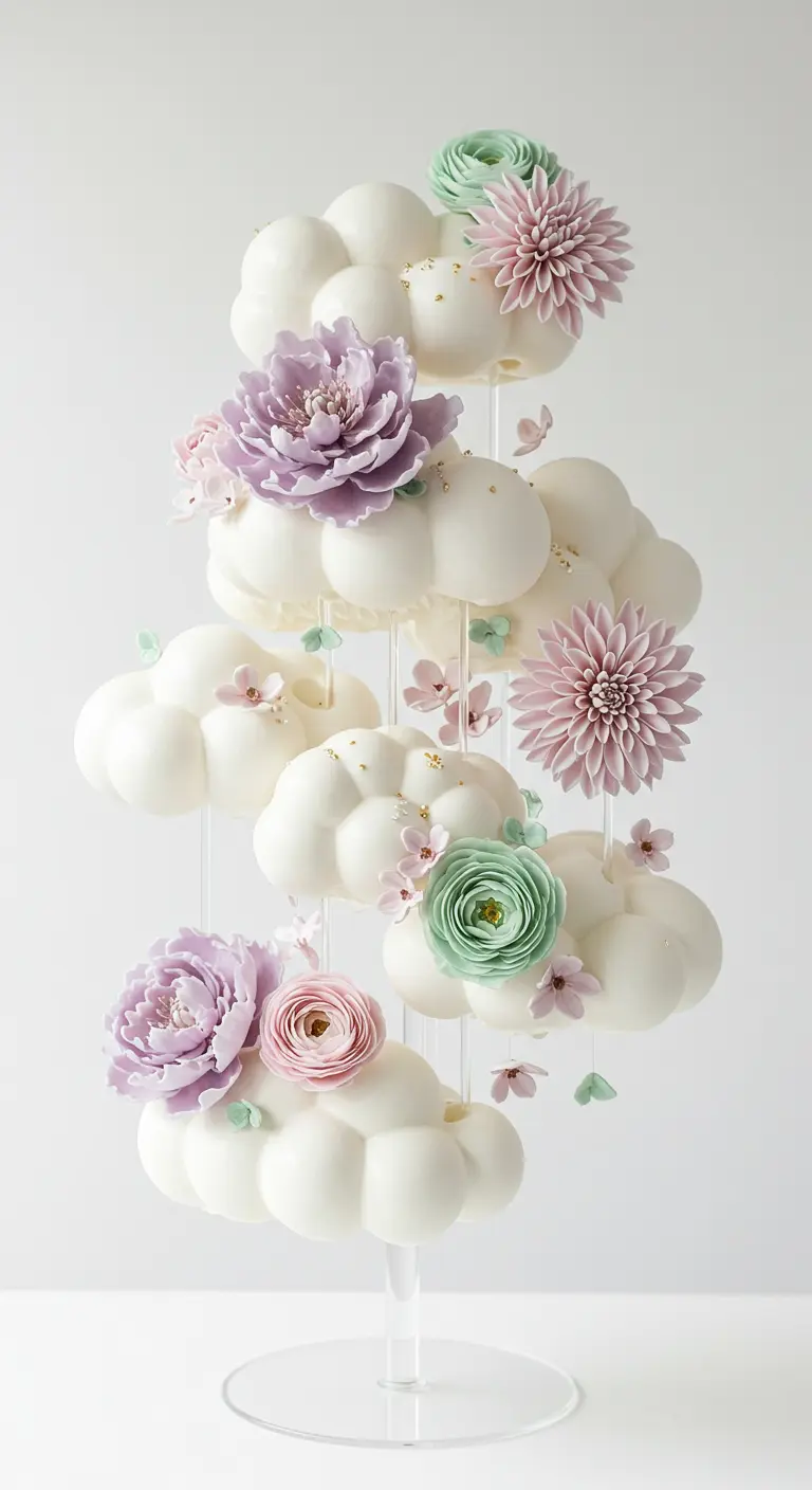 Mehrere schwebende, wolkenförmige Torten-Elemente mit Pastellblumen und Schmetterlingen.