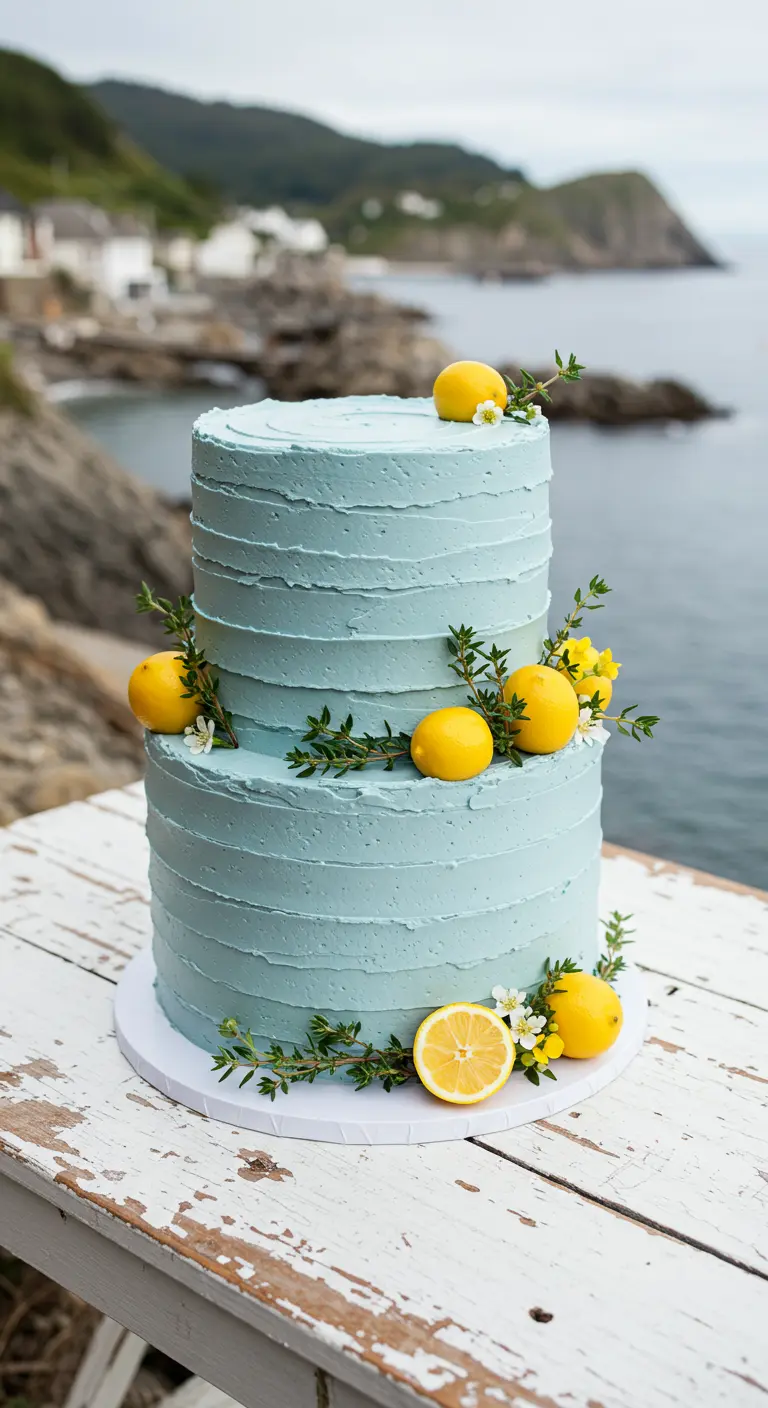Zweistöckige, hellblaue Torte mit Rillenstruktur, dekoriert mit Zitronen und Thymian am Meer.