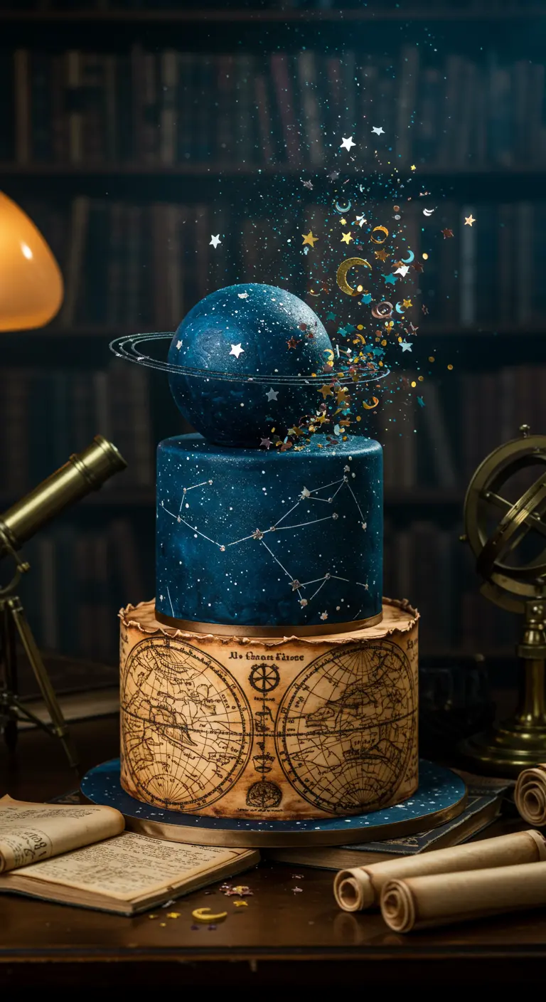 Mehrstöckige Torte: untere Etage Weltkarte, obere nachtblau mit Planeten-Topper und Sternenkonfetti.