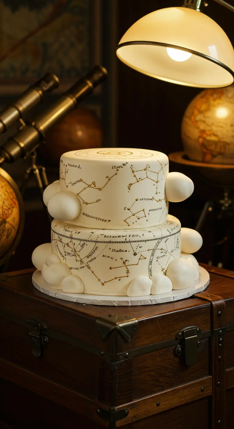 Zweistöckige weiße Torte mit goldenen Sternbildern und kleinen Wolken am Rand.