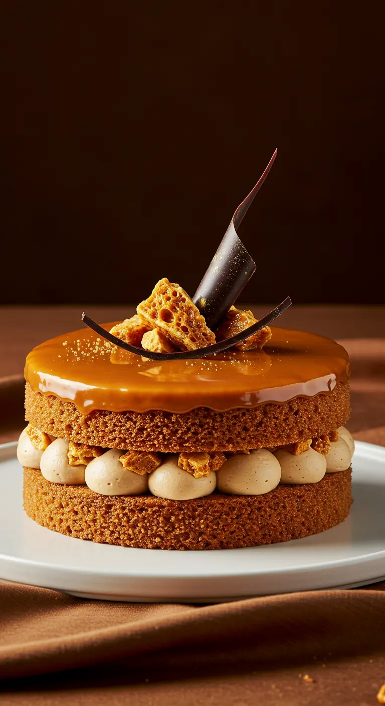 Zweischichtige Karamelltorte mit Honeycomb-Stücken und Schokodekor.