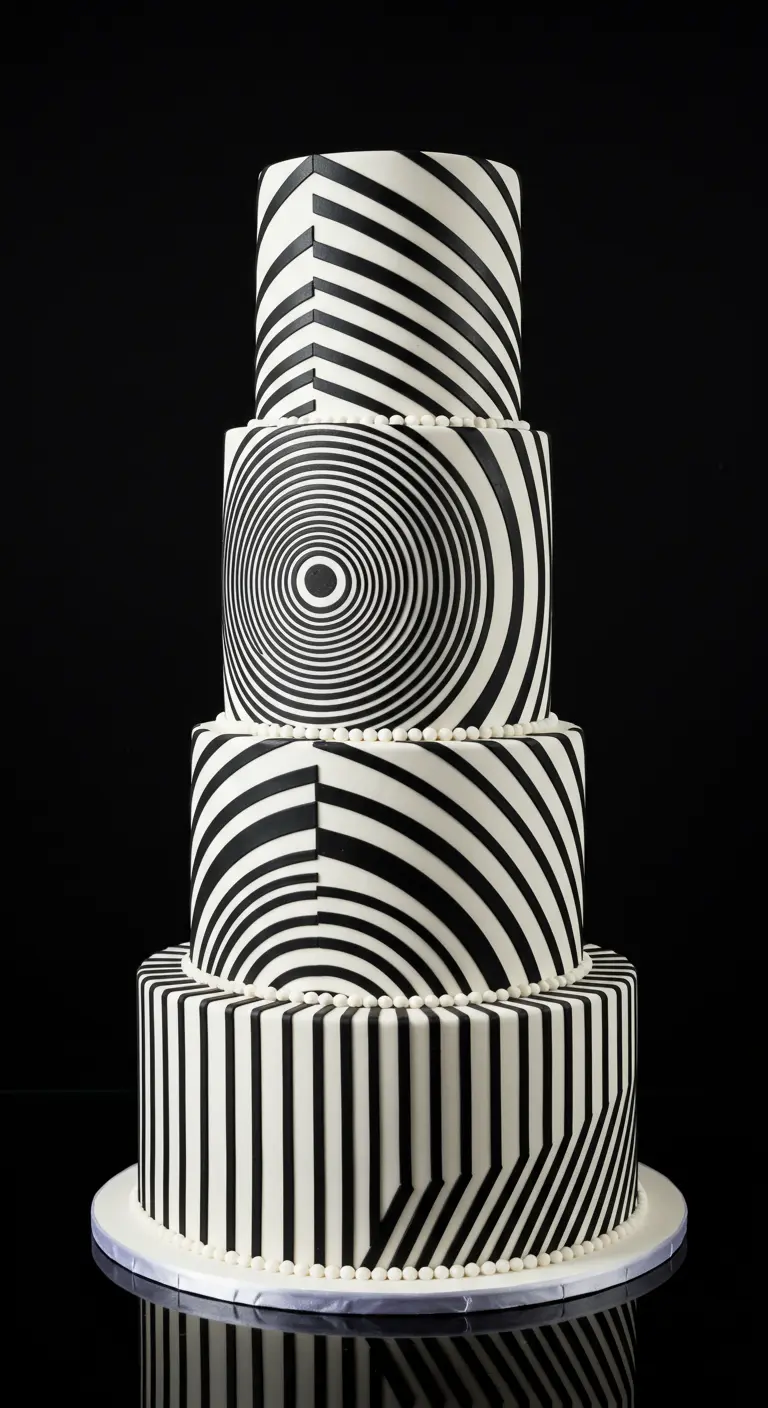 Vierstöckige Hochzeitstorte mit hypnotisierenden schwarz-weißen Spiral- und Streifenmustern.
