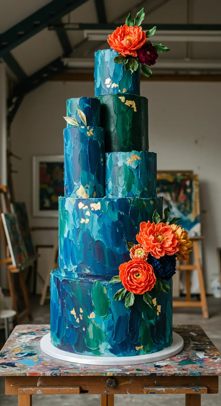 Mehrstöckige Torte mit blauer und grüner Pinselstrich-Optik, Goldblatt und orangefarbenen Blüten.