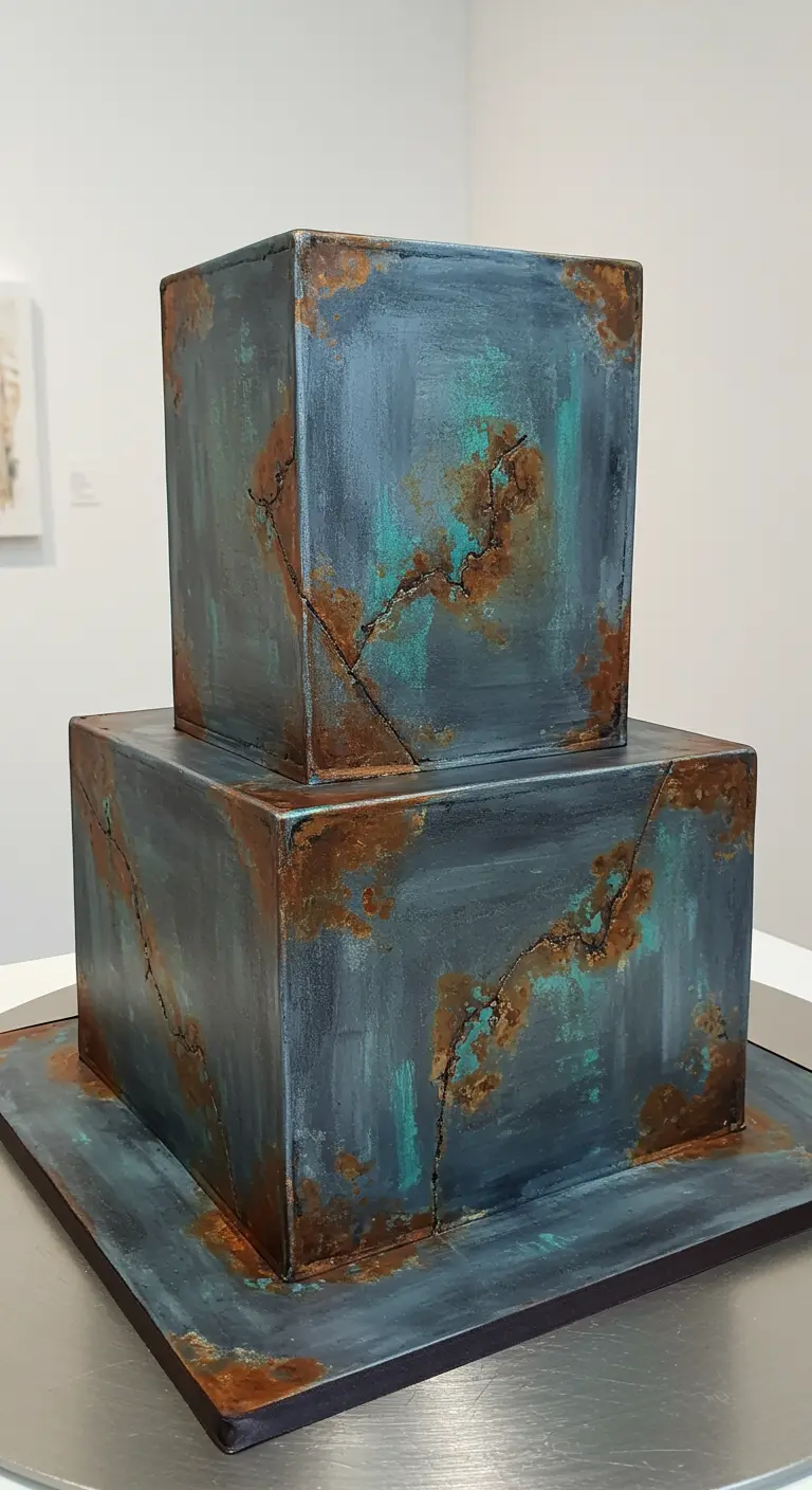 Kubische, zweistöckige Torte mit einem blau-grünen Patina-Look und Rost-Effekten.