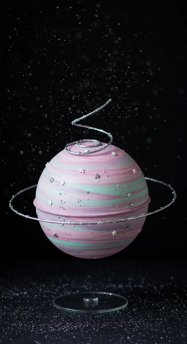Pastellfarbene Planetentorte in Rosa, Mint und Lila mit einem silbernen Spiralring und Sternen.