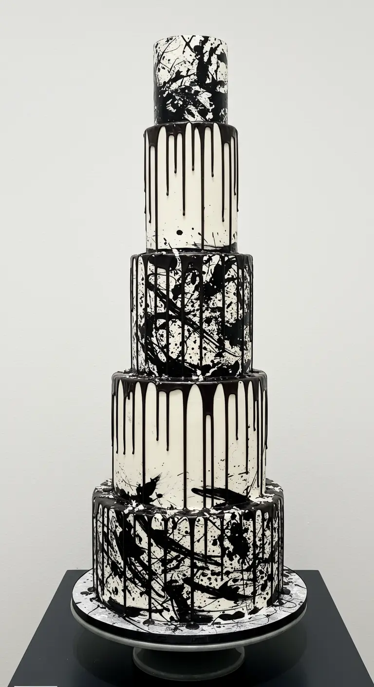 Hohe, mehrstöckige Hochzeitstorte mit weißen Etagen, schwarzen Drips und Farbspritzern.