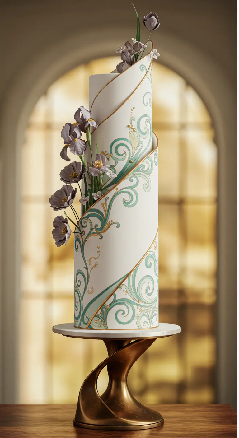 Hohe, weiße Hochzeitstorte mit einer spiralförmigen Jugendstil-Verzierung in Grün und Gold, dazu lila Blumen.