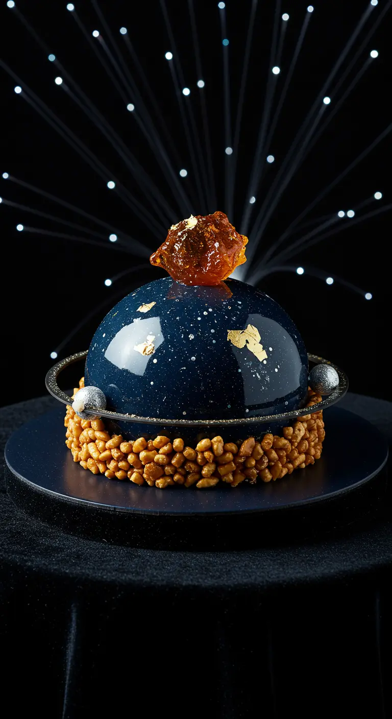 Kuppeltorte in Galaxie-Optik mit Karamellkristall und Crunch-Basis.