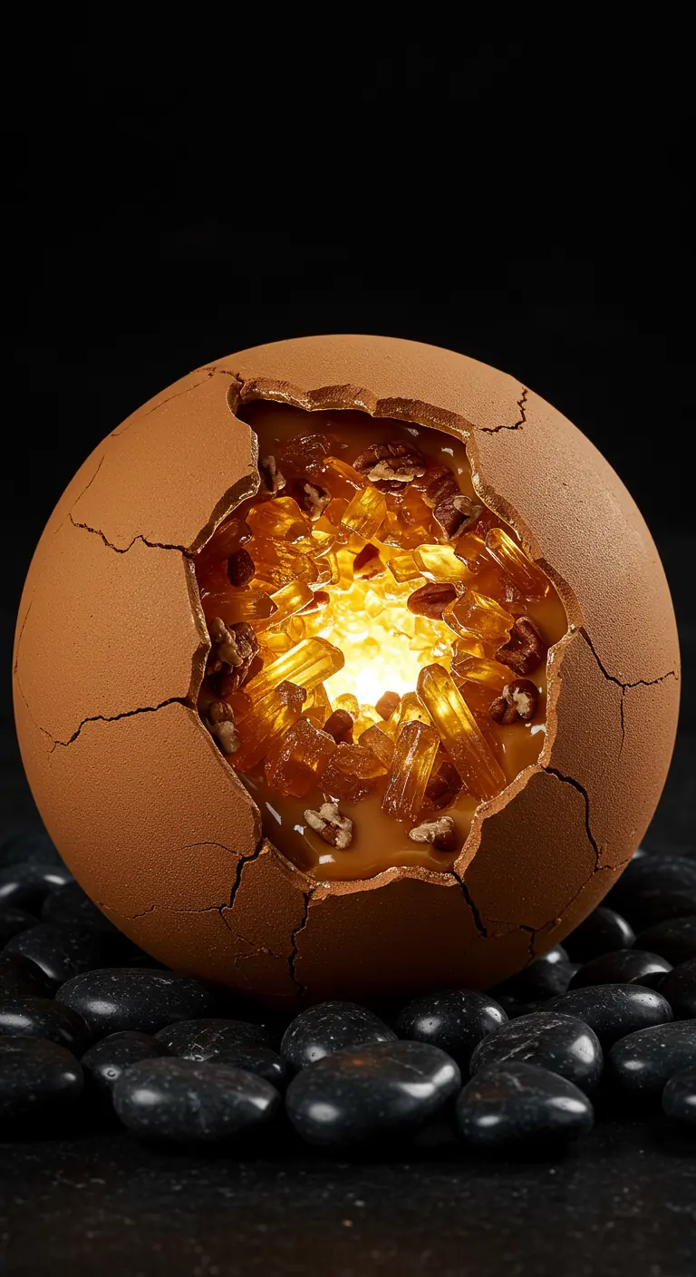 Aufgebrochene Karamellkugel, innen gefüllt mit leuchtenden Karamellkristallen.