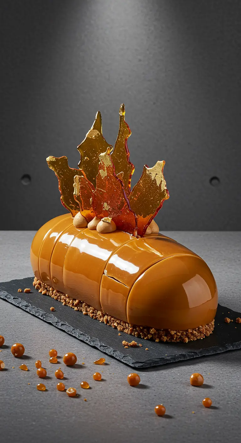 Längliche Karamelltorte mit glänzender Glasur und goldenen Karamellsplittern.