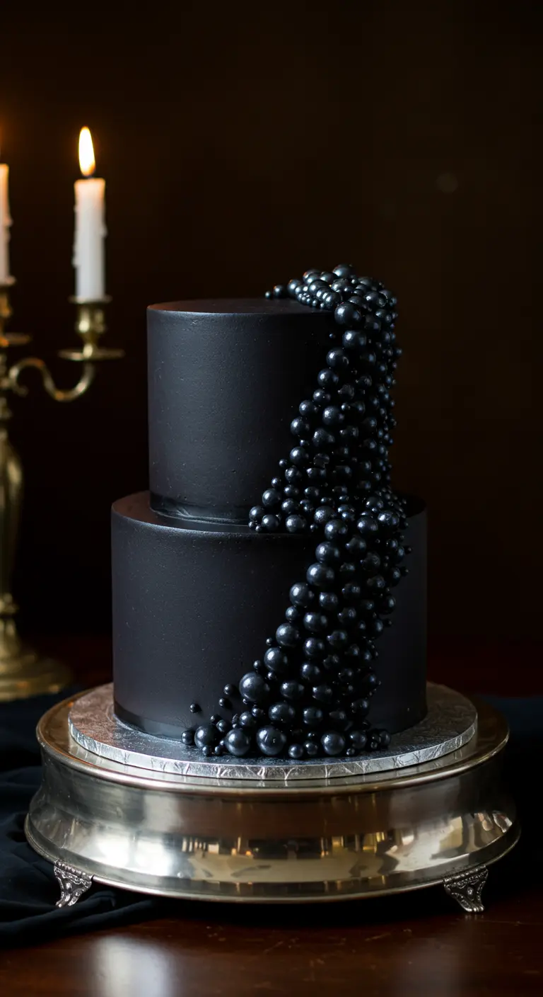 Zweistöckige, mattschwarze Torte mit einer Kaskade aus schwarzen, glänzenden Zuckerperlen.