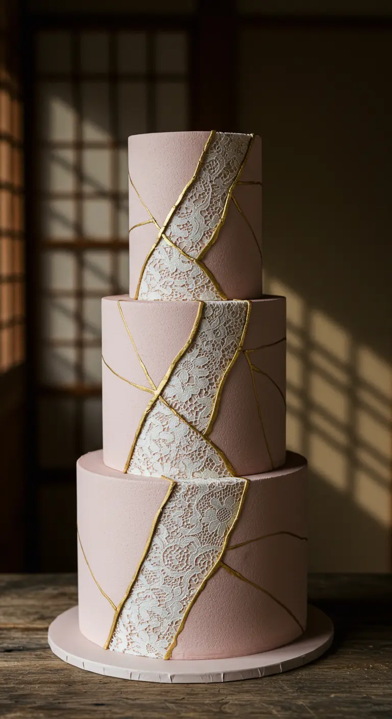 Altrosa Torte im Kintsugi-Stil, bei dem weiße Spitze durch goldene Linien eingefasst wird.