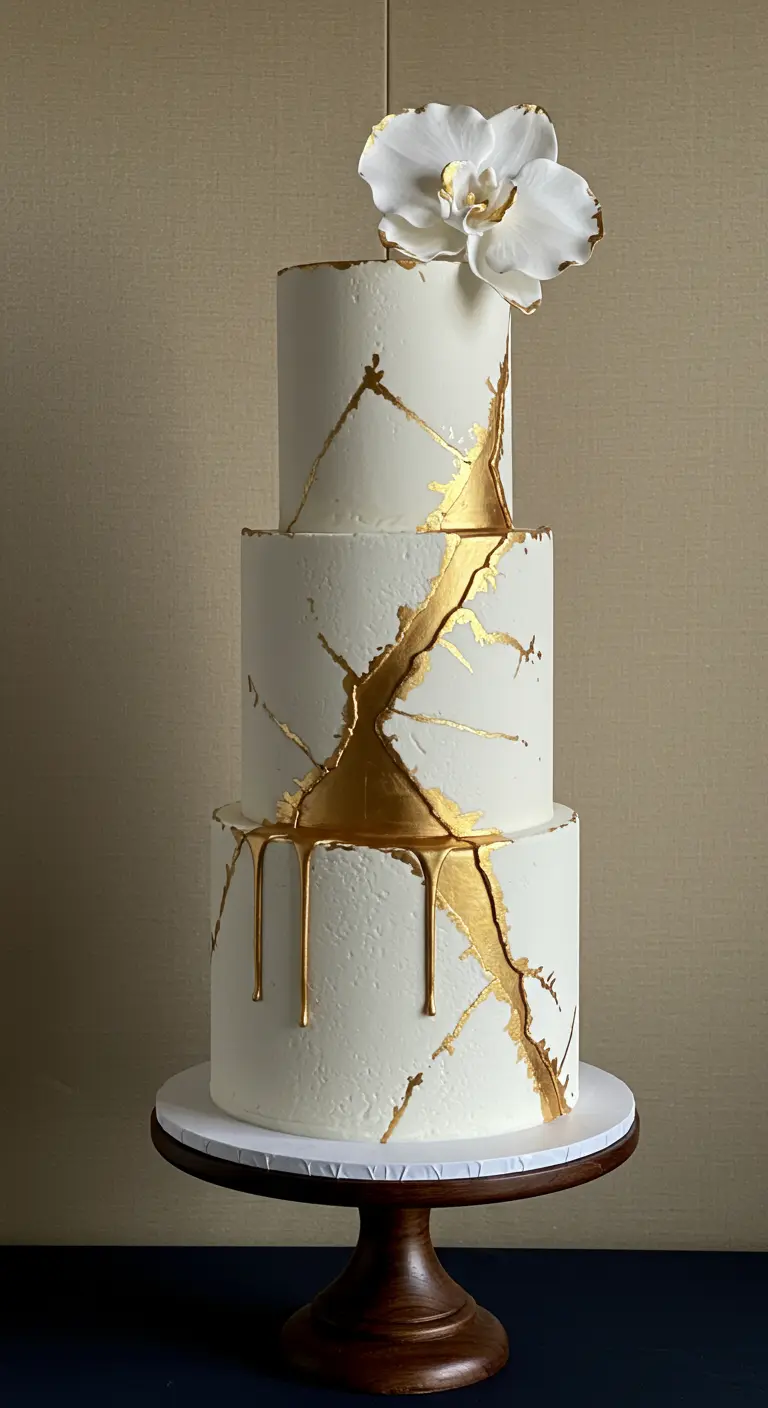 Weiße Hochzeitstorte mit goldenen Rissen (Kintsugi-Stil) und goldenem Drip.