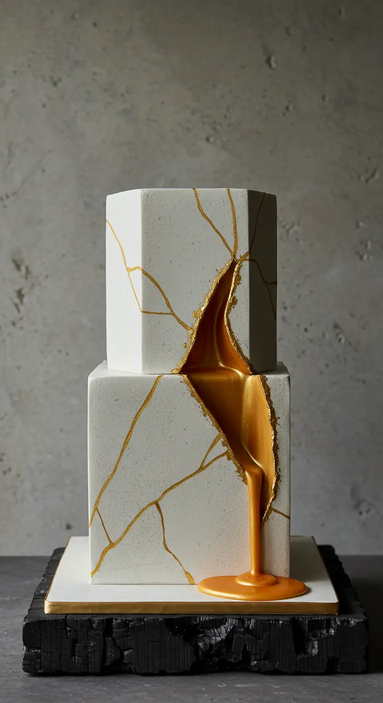 Weiße, zweistöckige Torte im Kintsugi-Stil mit goldenen Rissen und flüssigem Gold.