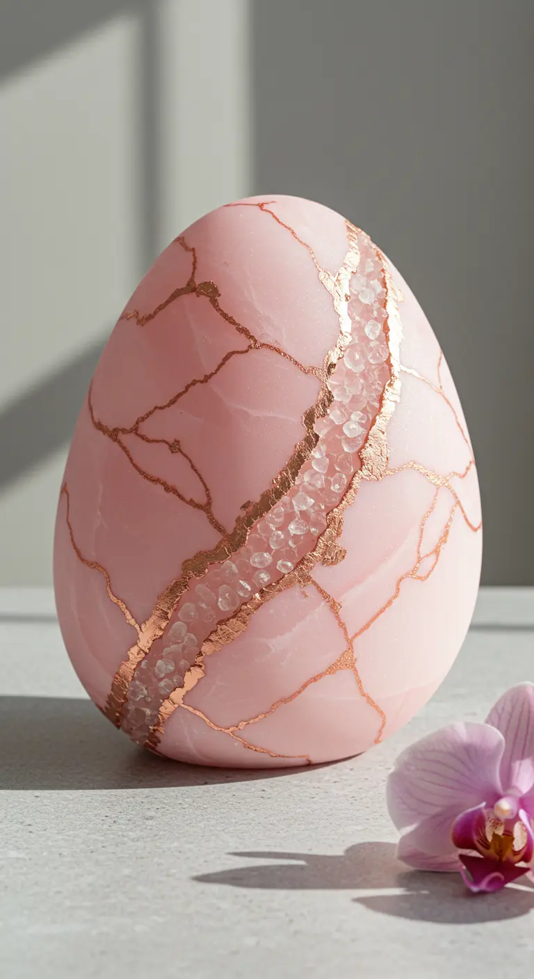 Rosa, eiförmige Torte mit goldenen Kintsugi-Linien und einem Band aus Zuckerkristallen.