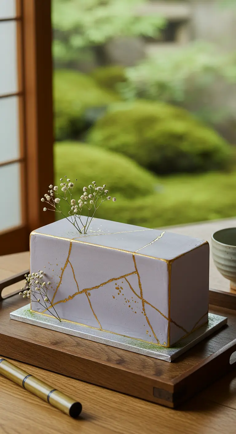 Rechteckige lavendelfarbene Torte mit goldenen Kintsugi-Linien und Schleierkraut.